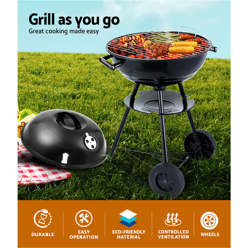 Grillz Charcoal BBQ Smoker featuring chrome-coated steel, portable design with wheels, and a charcoal rack for outdoor cooking.