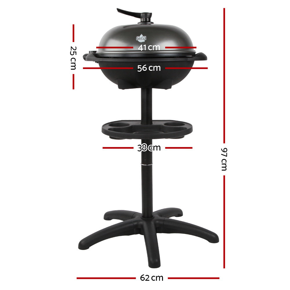 Grillz Portable Electric BBQ with Stand showcasing its sleek design, adjustable temperature control, and grilling plates.