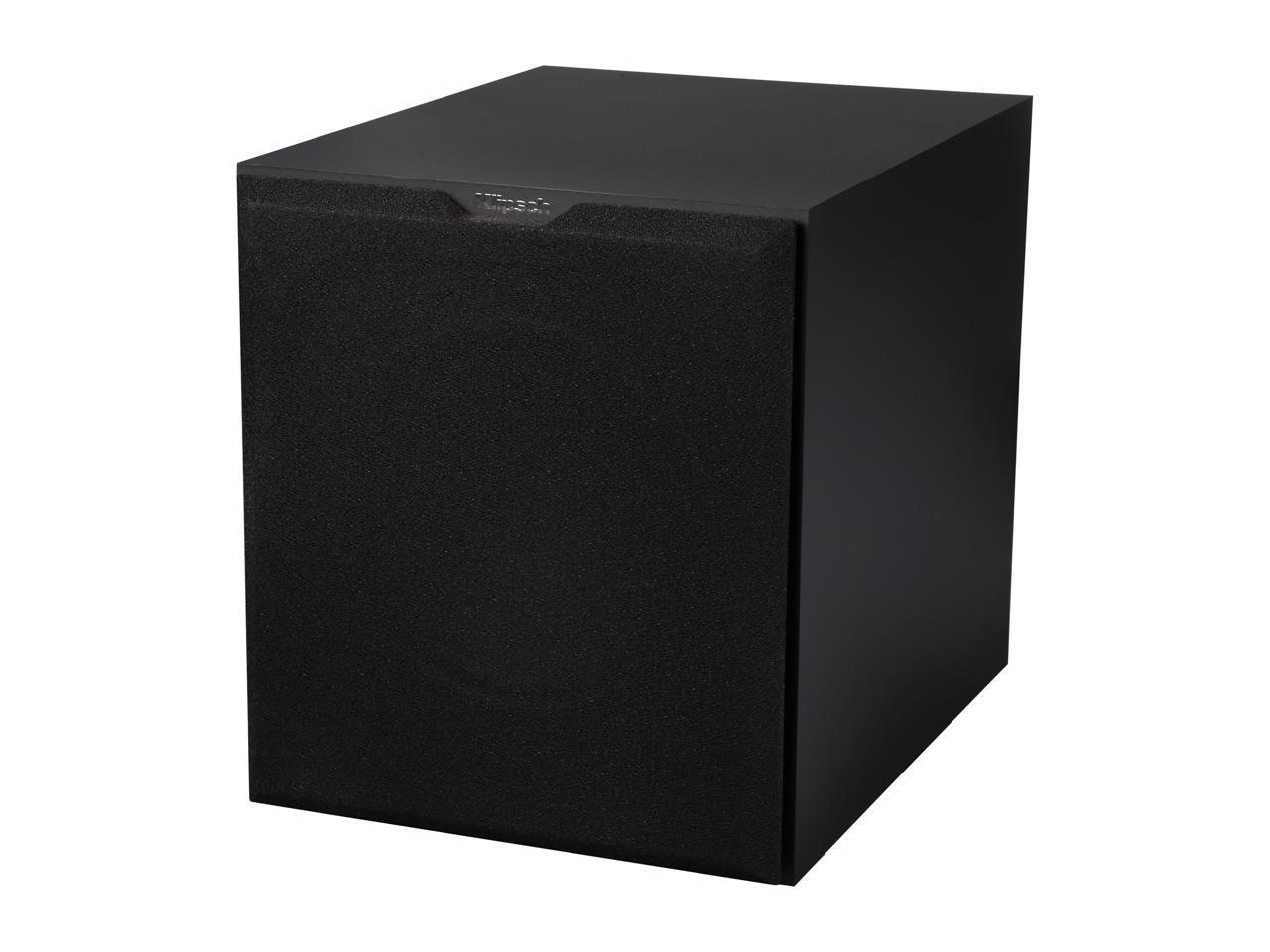 Klipsch K-100SW 10-Inch Powered Subwoofer in a stylish black finish, showcasing its compact design and powerful speaker.