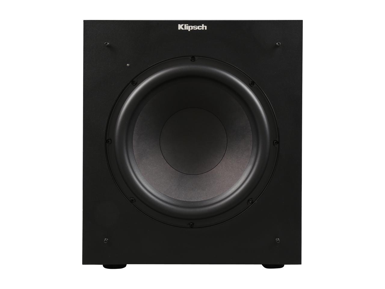 Klipsch K-100SW 10-Inch Powered Subwoofer in a stylish black finish, showcasing its compact design and powerful speaker.