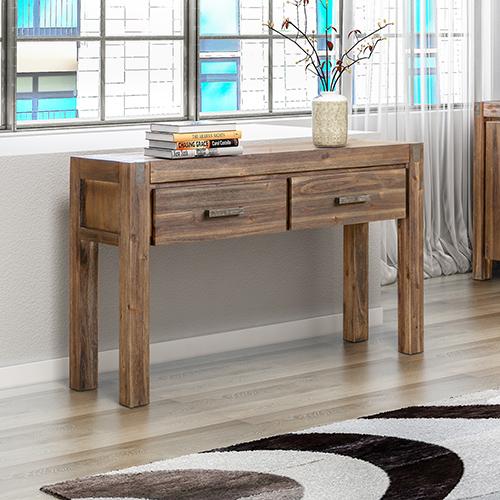 Hall Table with 2 storage drawers made of solid acacia wood, featuring a rustic metal finish and sturdy legs, ideal for hallway decor.