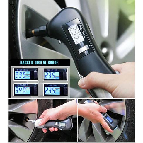 Handy Dandy Multi Functional Car Tool featuring a digital tire pressure gauge, LED flashlight, and various emergency tools, compact and portable design.