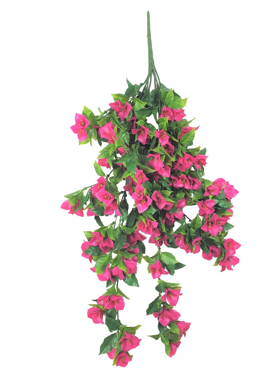 Hanging Artificial Bougainvillea Plant in vibrant pink and lilac colors with lush green leaves, perfect for indoor and outdoor decor.