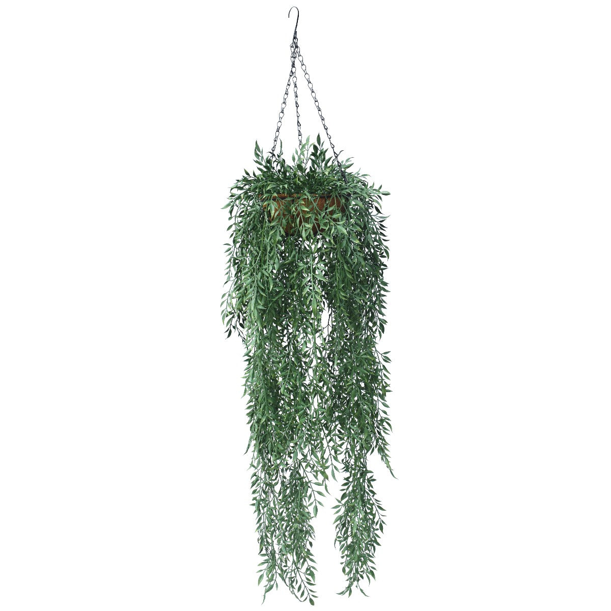 A lush 110 cm artificial hanging fern basket with rich green foliage in a natural coconut liner pot, suspended by a chain.