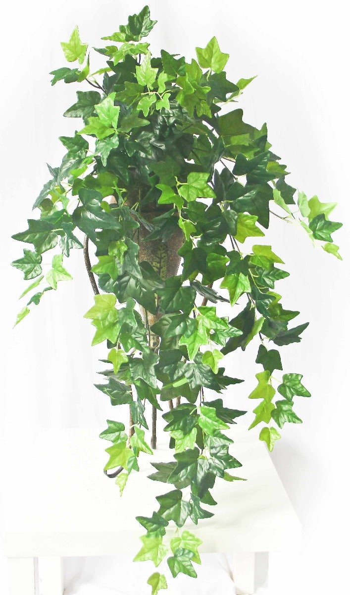 A lush 80cm Hanging Green Ivy Bush with vibrant leaves, elegantly cascading from a central spoke, perfect for home decor.