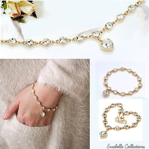 Happy Hearts Swarovski Crystal Bracelets featuring colorful heart charms and clear crystals, available in silver polished and gold plated finishes.