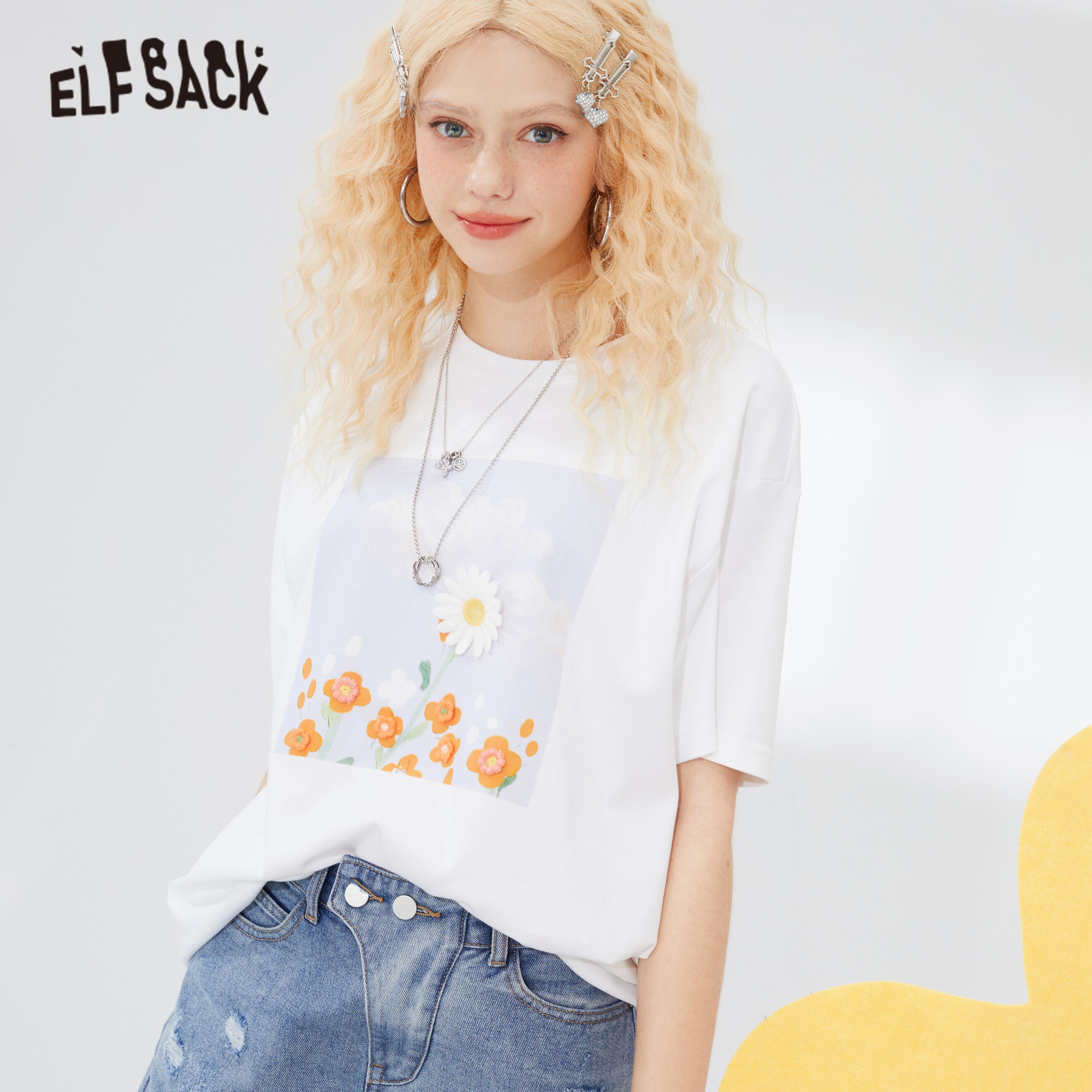 Harajuku Floral Applique Chic Casual T-Shirt for women, featuring a vibrant floral design on a soft cotton fabric, perfect for summer wear.