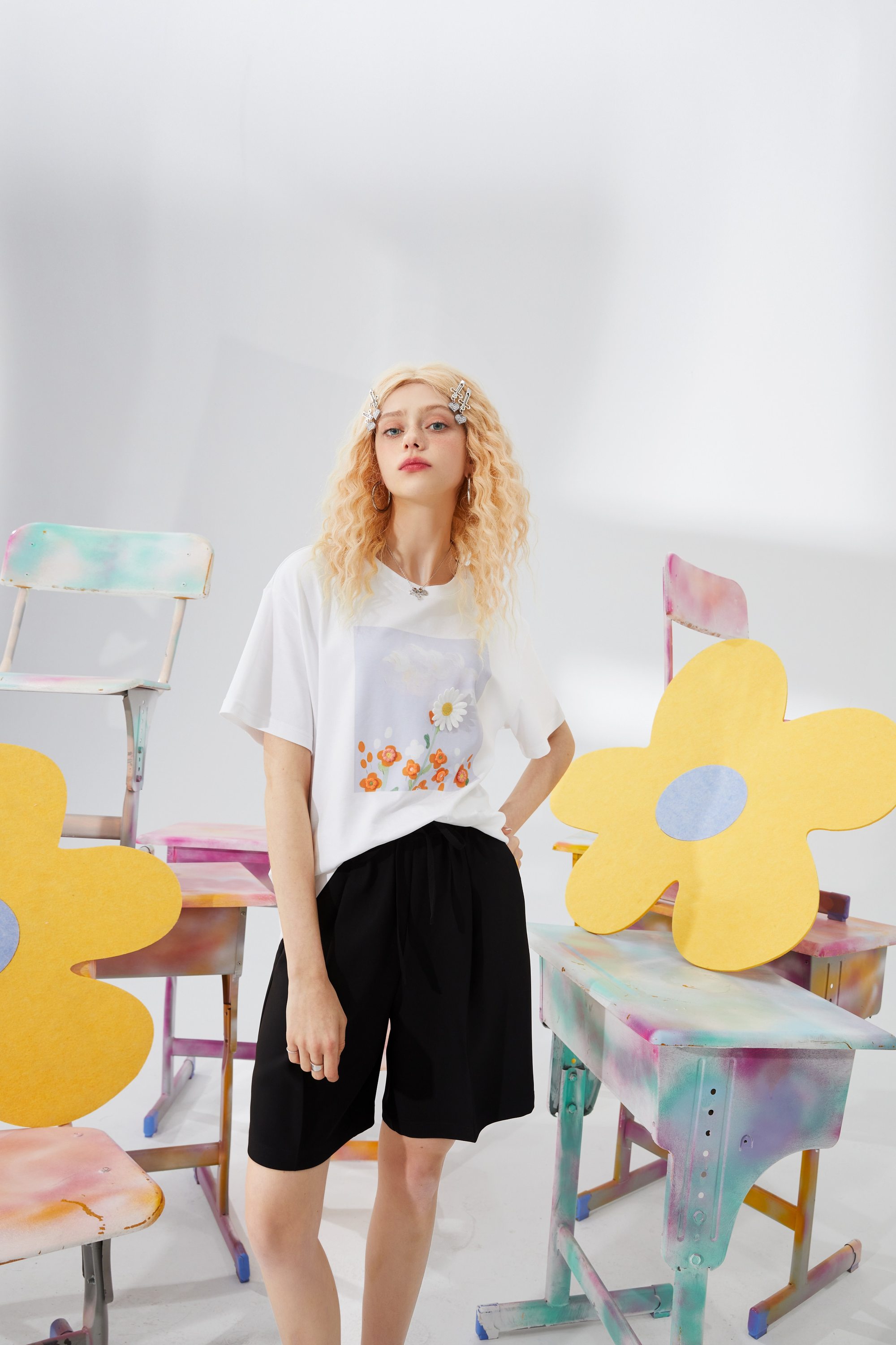 Harajuku Floral Applique Chic Casual T-Shirt for women, featuring a vibrant floral design on a soft cotton fabric, perfect for summer wear.