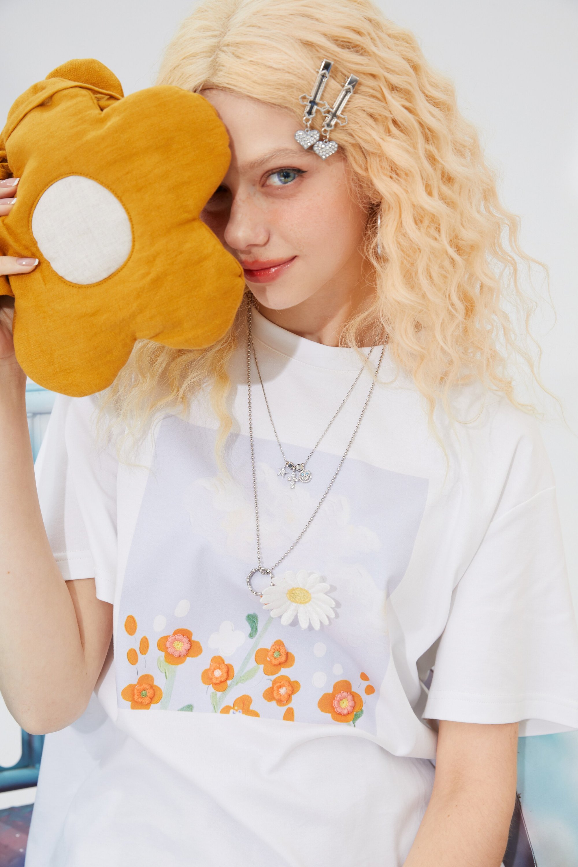 Harajuku Floral Applique Chic Casual T-Shirt for women, featuring a vibrant floral design on a soft cotton fabric, perfect for summer wear.