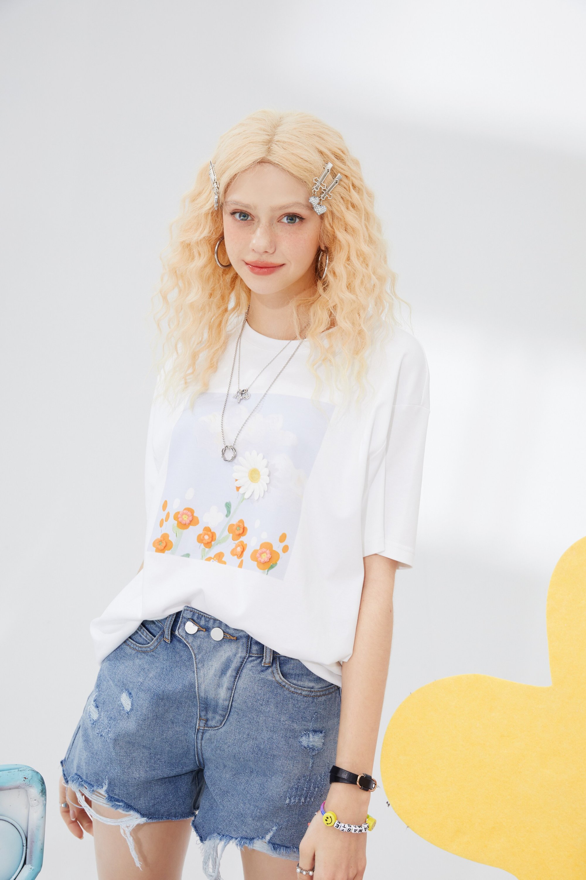 Harajuku Floral Applique Chic Casual T-Shirt for women, featuring a vibrant floral design on a soft cotton fabric, perfect for summer wear.