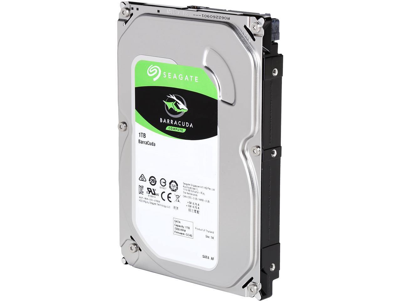 Seagate BarraCuda ST1000DM010 1TB hard drive with 7200 RPM and SATA interface, showcasing its sleek design and storage capacity.