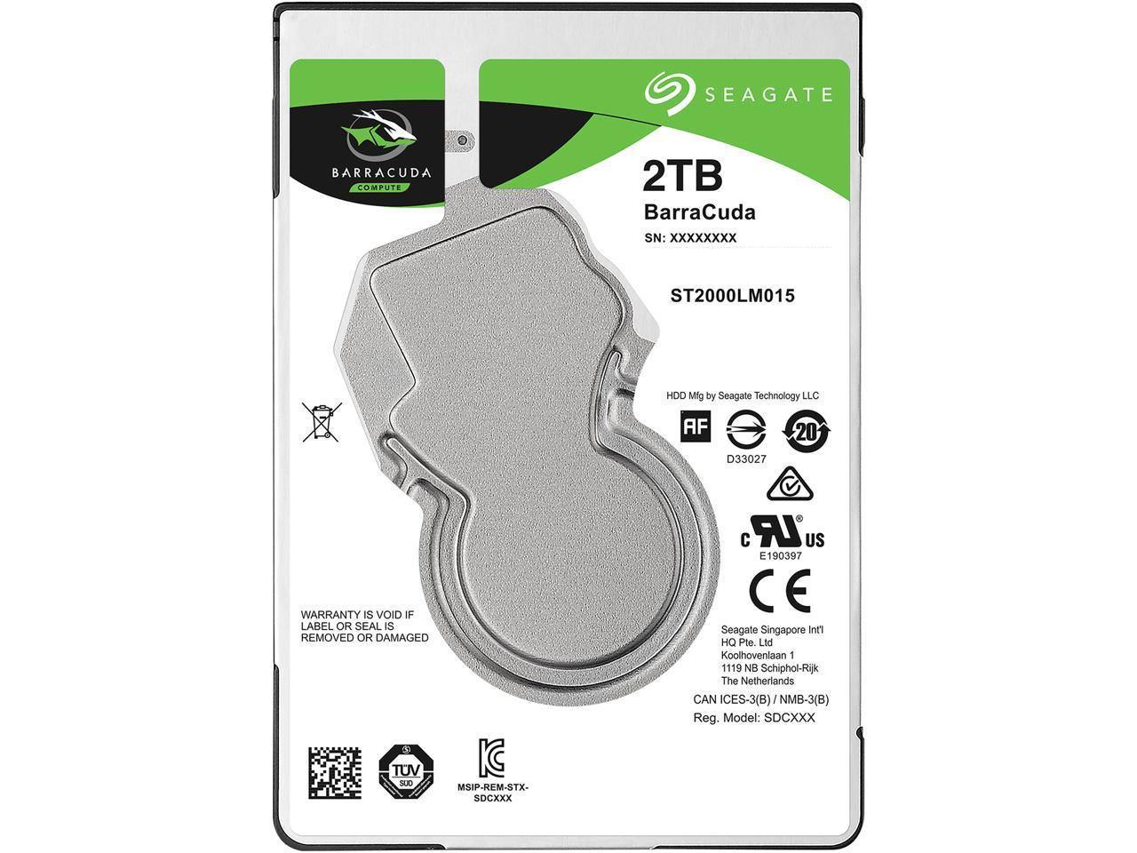 Seagate 2TB BarraCuda internal hard drive ST2000LM015 with 2.5-inch form factor and SATA interface.