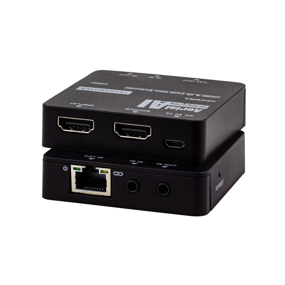 HDMI Extender Over Cat 5e with IR Repeater and HDMI In Loop, showcasing compact design and connectivity options.