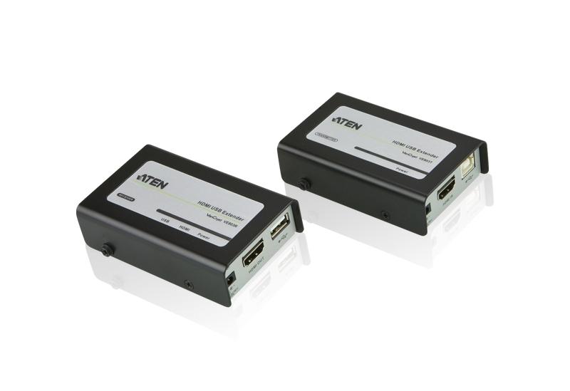 VE803 HDMI & USB Extender with Cat5e/Cat6 cables, showcasing its ports and connectors for HDMI and USB devices.