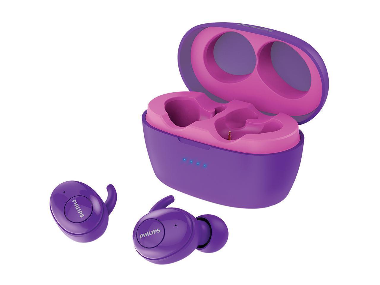 Philips SHB2505PP UpBeat True Wireless In-ear Headphones in pink-purple color, showcasing their sleek design and comfortable fit.