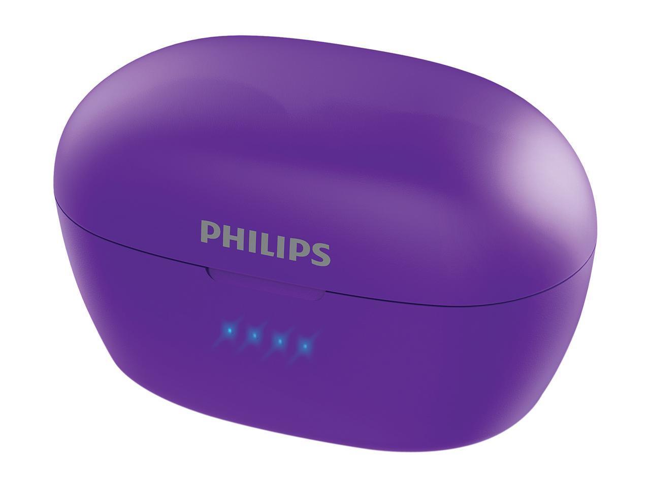 Philips SHB2505PP UpBeat True Wireless In-ear Headphones in pink-purple color, showcasing their sleek design and comfortable fit.