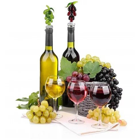 Hearty Wines Pair of Wine Stoppers featuring hand-made glass grapes and crystal hearts, perfect for wine lovers.