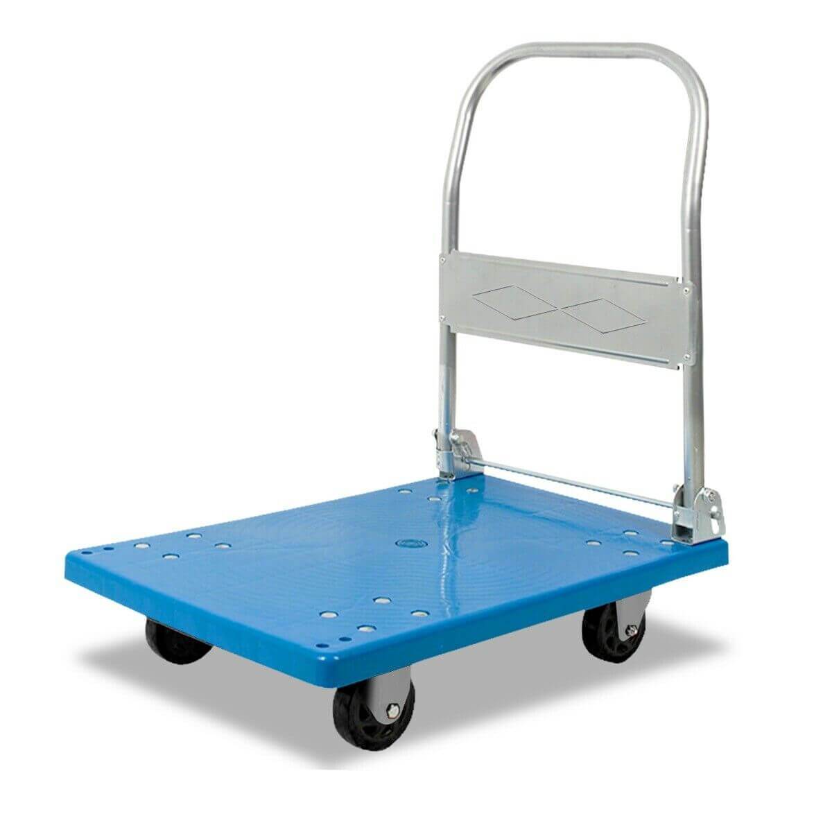 Heavy Duty 100 Kg Industrial Foldable Platform Trolley with heavy-duty castor wheels and a folding handle for easy storage.