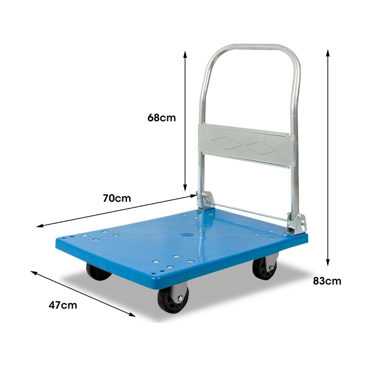 Heavy Duty 100 Kg Industrial Foldable Platform Trolley with heavy-duty castor wheels and a folding handle for easy storage.