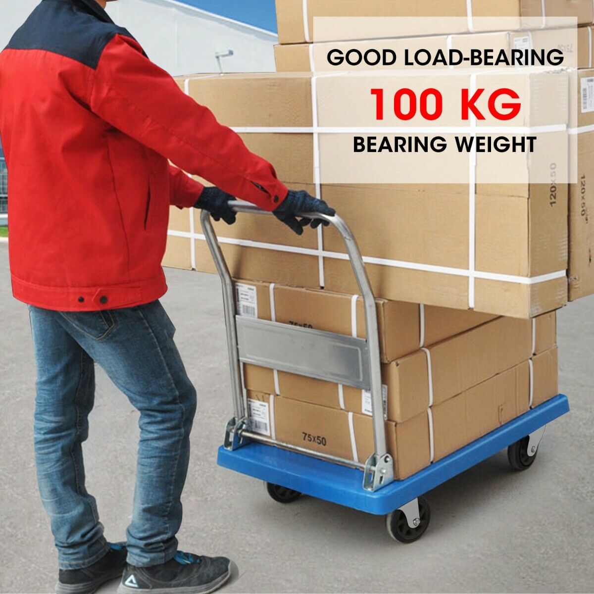 Heavy Duty 100 Kg Industrial Foldable Platform Trolley with heavy-duty castor wheels and a folding handle for easy storage.