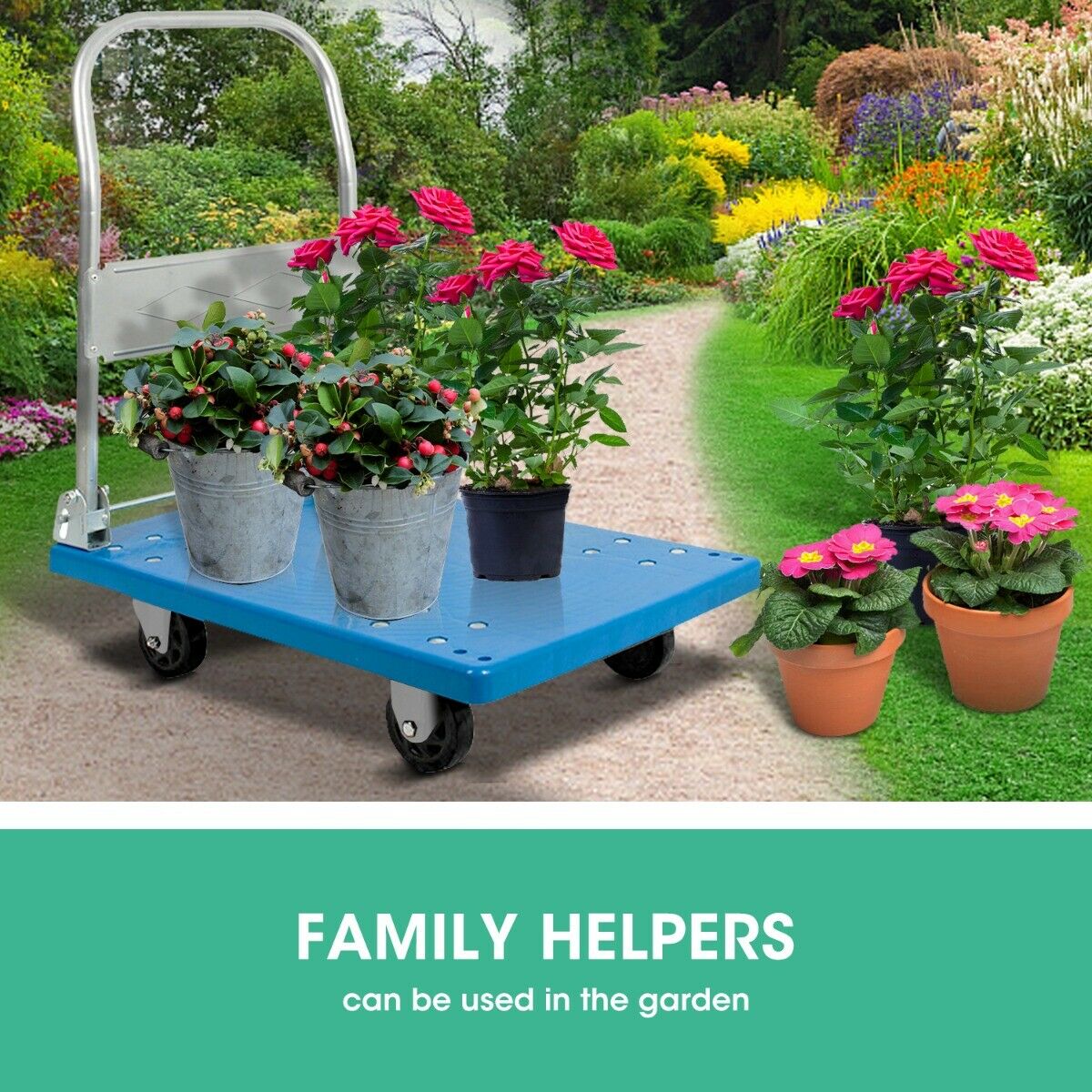 Heavy Duty 100 Kg Industrial Foldable Platform Trolley with heavy-duty castor wheels and a folding handle for easy storage.