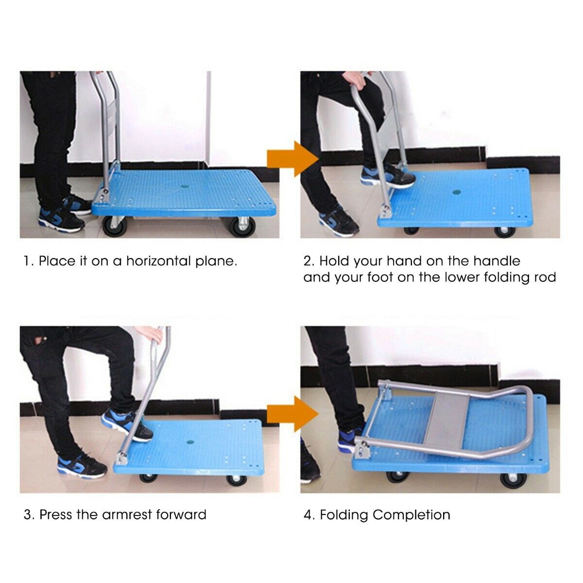 Heavy Duty 100 Kg Industrial Foldable Platform Trolley with heavy-duty castor wheels and a folding handle for easy storage.