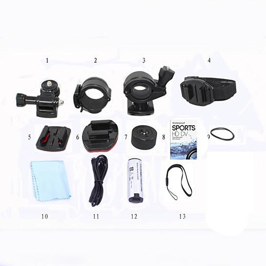 Helmet Mount Action Camera with accessories for biking and skiing, showcasing its compact design and wide angle lens.