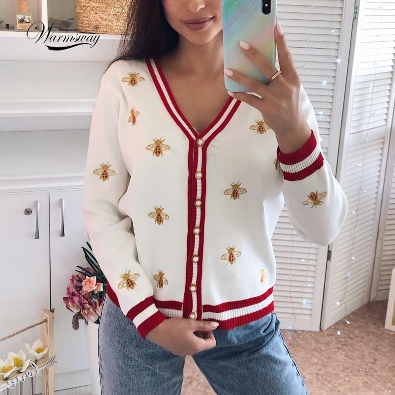 High Quality Fashion Designer Bee Embroidery Cardigan featuring a stylish bee design, V-neck, and full sleeves, perfect for spring and autumn wear.