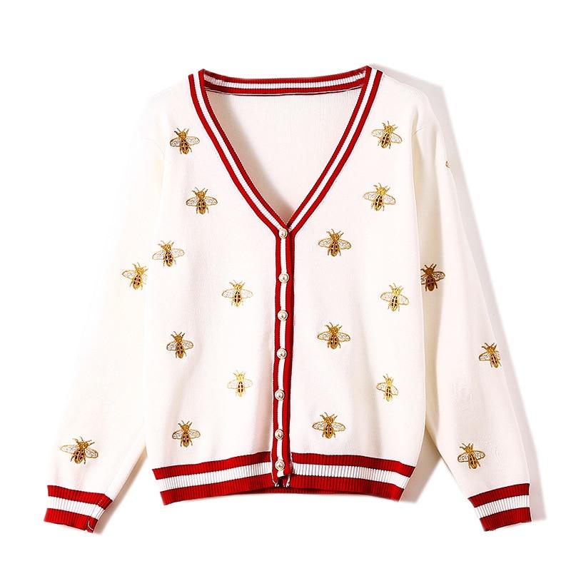 High Quality Fashion Designer Bee Embroidery Cardigan featuring a stylish bee design, V-neck, and full sleeves, perfect for spring and autumn wear.