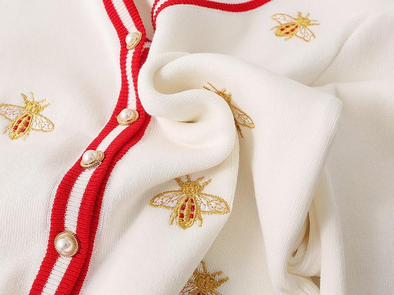 High Quality Fashion Designer Bee Embroidery Cardigan featuring a stylish bee design, V-neck, and full sleeves, perfect for spring and autumn wear.