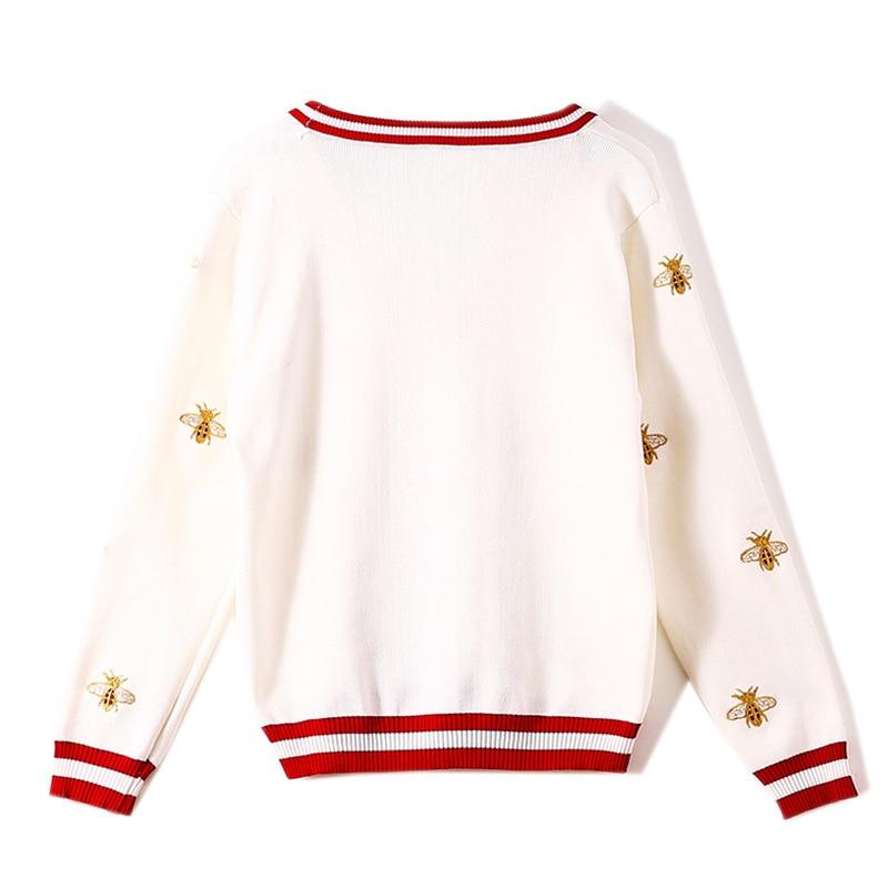 High Quality Fashion Designer Bee Embroidery Cardigan featuring a stylish bee design, V-neck, and full sleeves, perfect for spring and autumn wear.