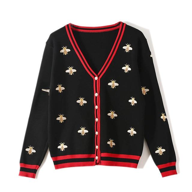 High Quality Fashion Designer Bee Embroidery Cardigan featuring a stylish bee design, V-neck, and full sleeves, perfect for spring and autumn wear.