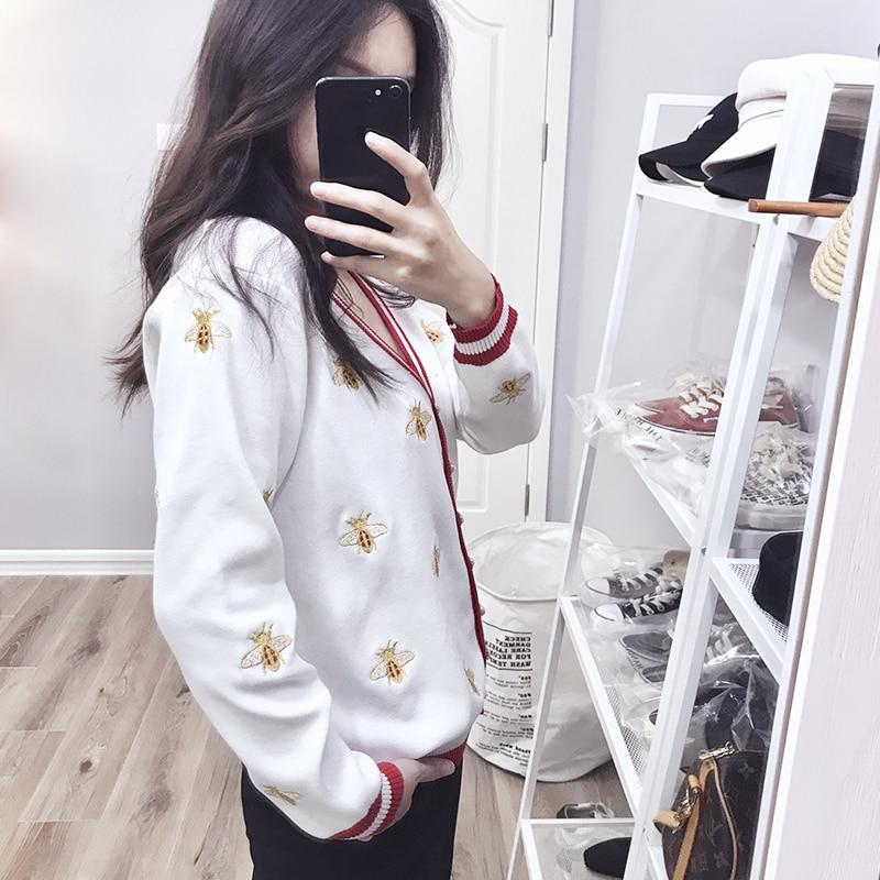 High Quality Fashion Designer Bee Embroidery Cardigan featuring a stylish bee design, V-neck, and full sleeves, perfect for spring and autumn wear.