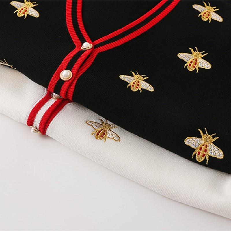 High Quality Fashion Designer Bee Embroidery Cardigan featuring a stylish bee design, V-neck, and full sleeves, perfect for spring and autumn wear.