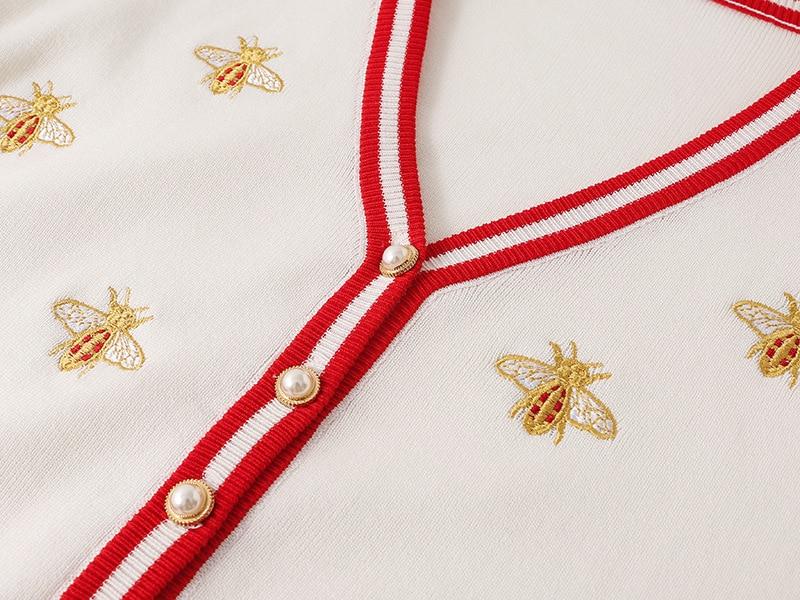 High Quality Fashion Designer Bee Embroidery Cardigan featuring a stylish bee design, V-neck, and full sleeves, perfect for spring and autumn wear.