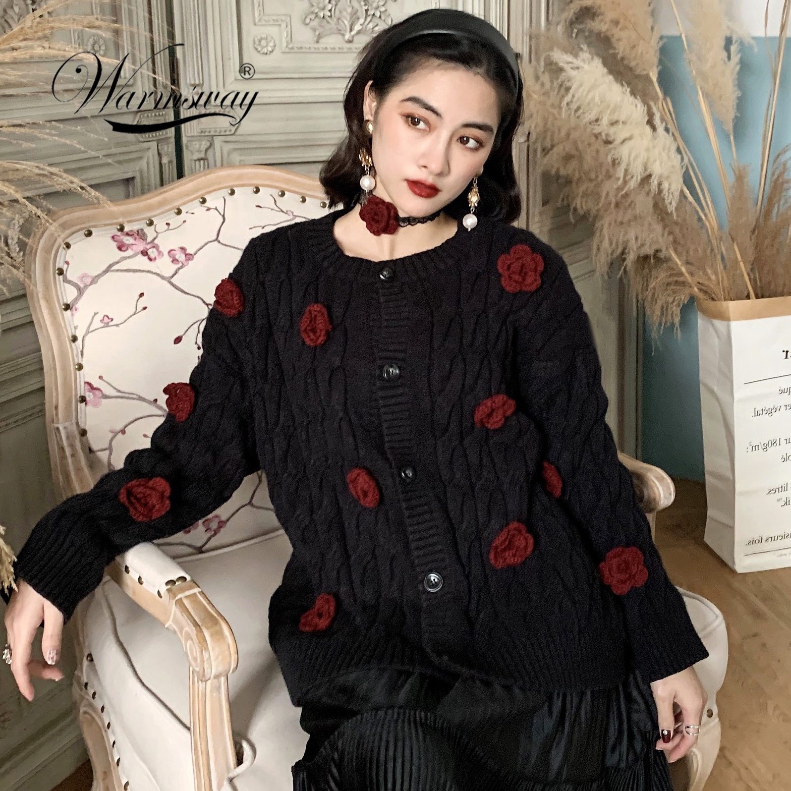 High quality women's winter cardigan sweater featuring embroidered floral design, perfect for festive occasions and cold weather.