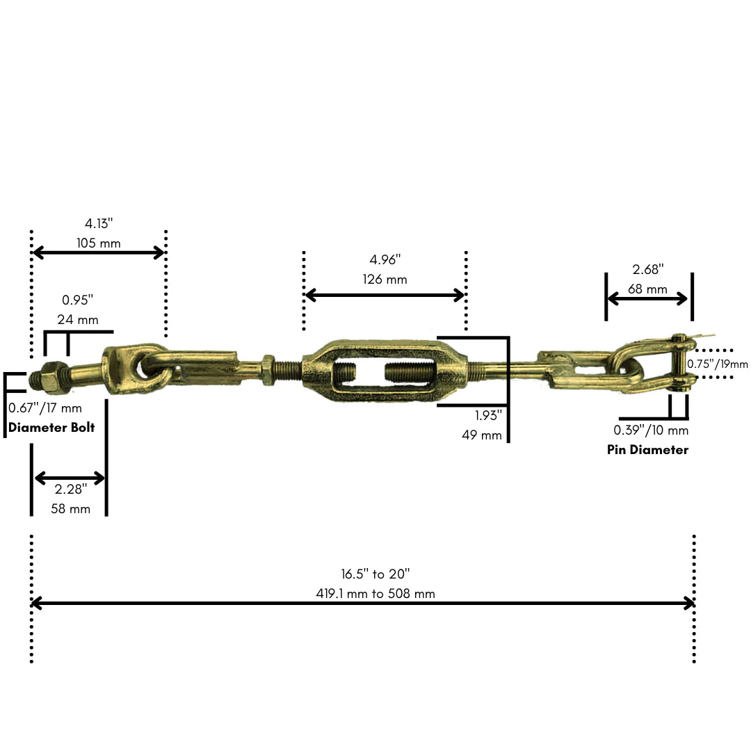 Hitch Chain Stabilizer for Kubota, adjustable from 16.5" to 20", featuring a durable yellow zinc finish.