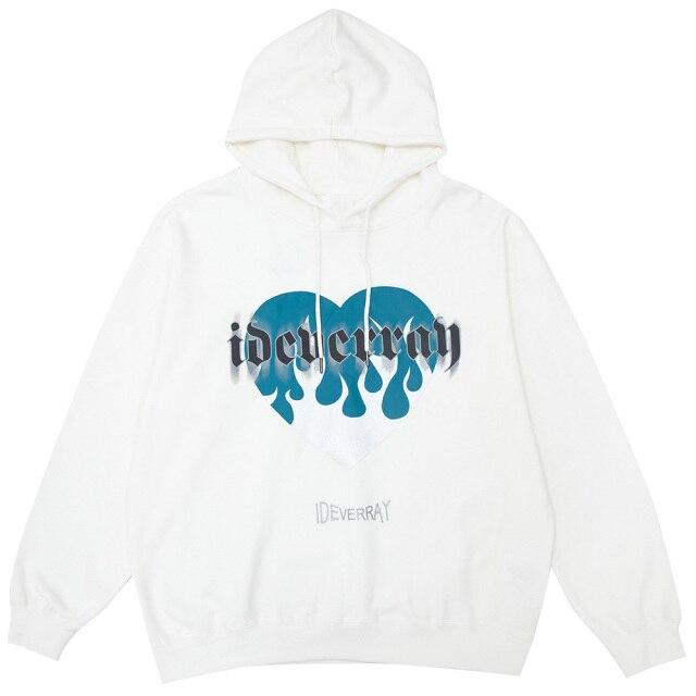 Men's hooded hoodie featuring a stylish heart print, perfect for high street fashion and casual winter wear.