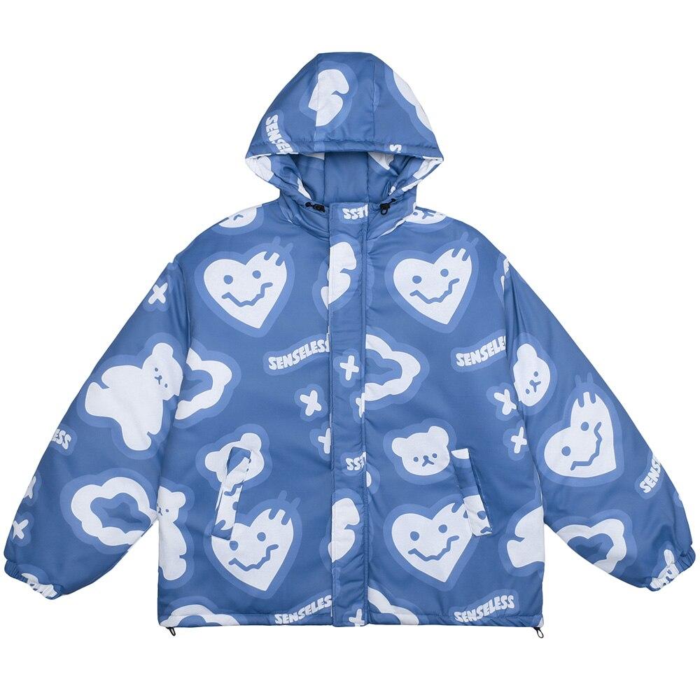 Men's hooded winter jacket with cartoon graphic print, featuring a zipper closure and oversized fit, perfect for autumn and winter fashion.