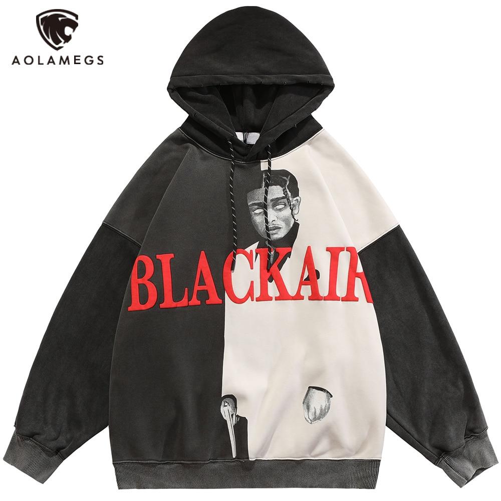 Men's color block print pullover hoodie in black and white, featuring a cozy plus velvet interior, perfect for winter streetwear.