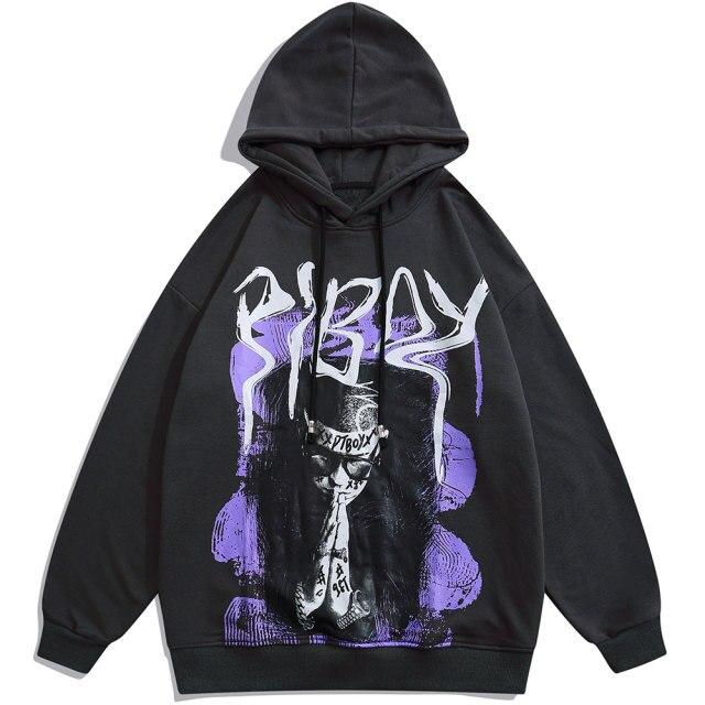 A stylish black hoodie featuring a vibrant graffiti print, designed for men and youth, perfect for high street fashion.