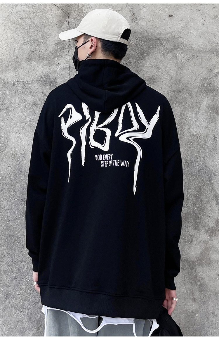 A stylish black hoodie featuring a vibrant graffiti print, designed for men and youth, perfect for high street fashion.