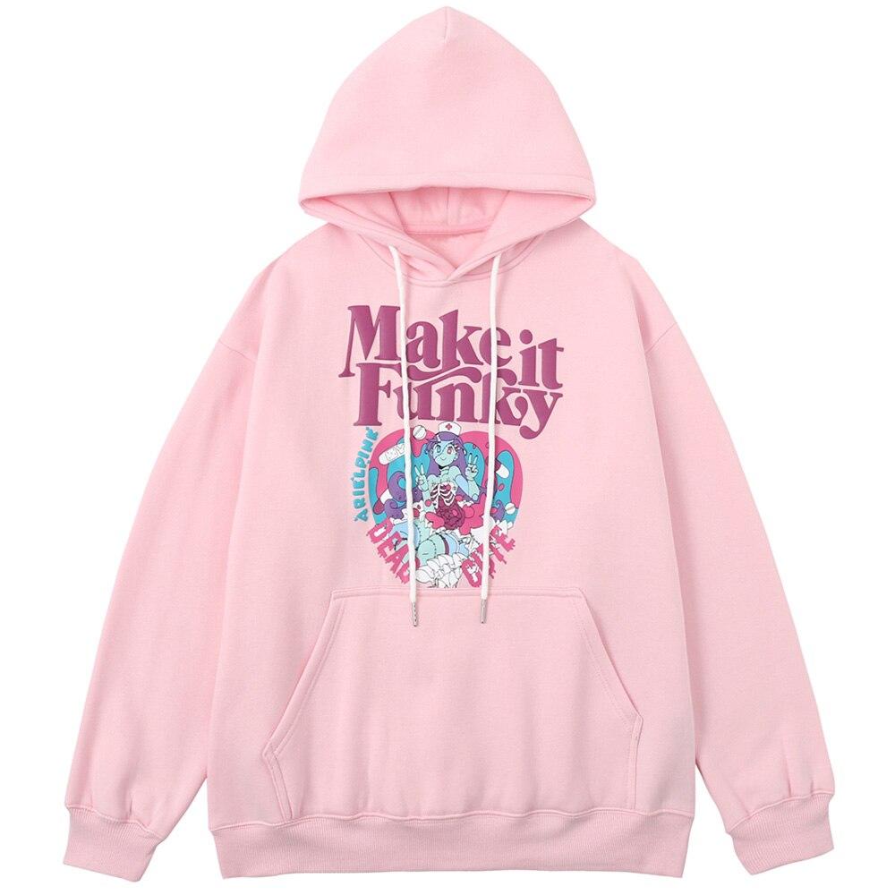 Men's fleece hoodie featuring a cute comics girl heart-shaped print, available in blue and pink colors.