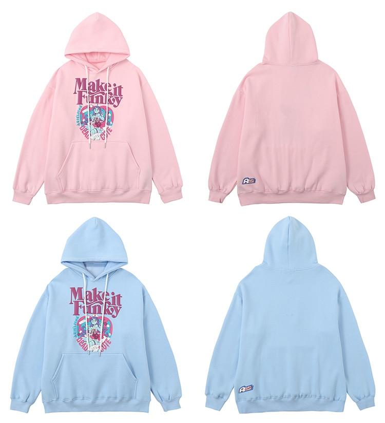 Men's fleece hoodie featuring a cute comics girl heart-shaped print, available in blue and pink colors.