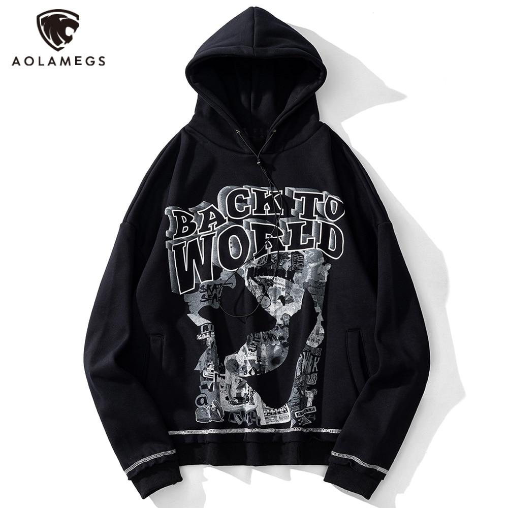 Men's gothic letter comics print fleece hoodie in black, featuring a hood and full sleeves, perfect for autumn and winter streetwear.