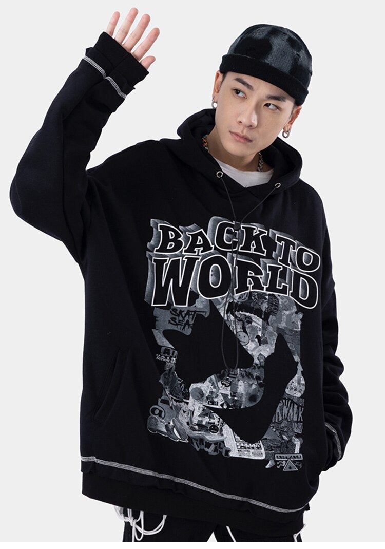 Men's gothic letter comics print fleece hoodie in black, featuring a hood and full sleeves, perfect for autumn and winter streetwear.