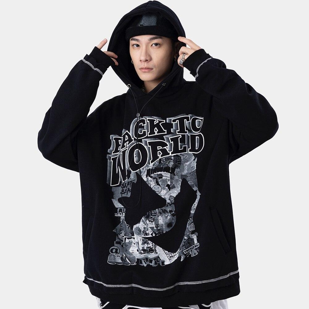 Men's gothic letter comics print fleece hoodie in black, featuring a hood and full sleeves, perfect for autumn and winter streetwear.