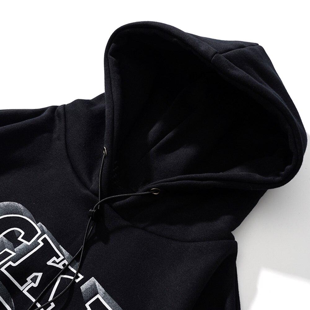 Men's gothic letter comics print fleece hoodie in black, featuring a hood and full sleeves, perfect for autumn and winter streetwear.