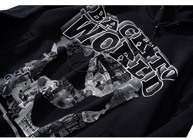 Men's gothic letter comics print fleece hoodie in black, featuring a hood and full sleeves, perfect for autumn and winter streetwear.