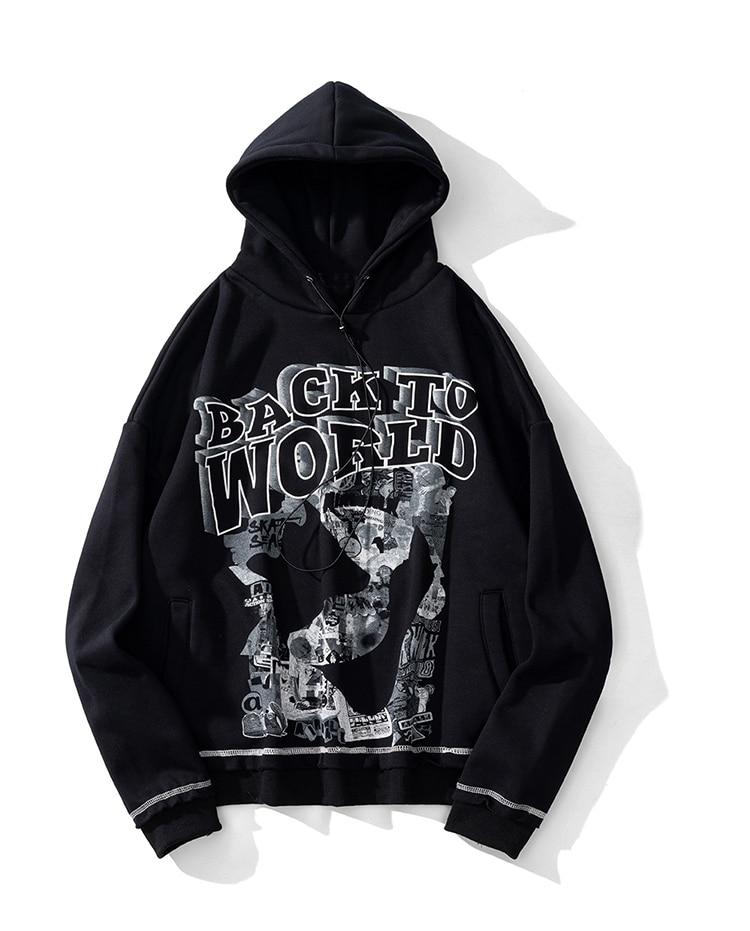 Men's gothic letter comics print fleece hoodie in black, featuring a hood and full sleeves, perfect for autumn and winter streetwear.